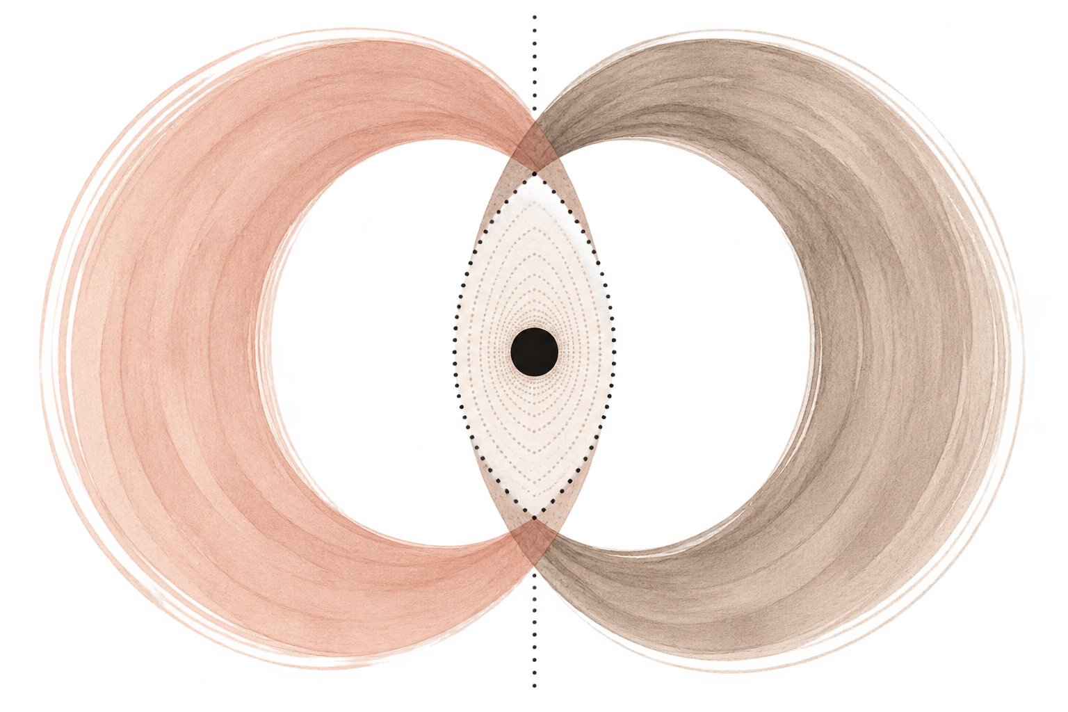 Two overlapping relational fields: a blush field on the left and a stone field on the right, meeting at a shared center marked by nested rings and a dark point.